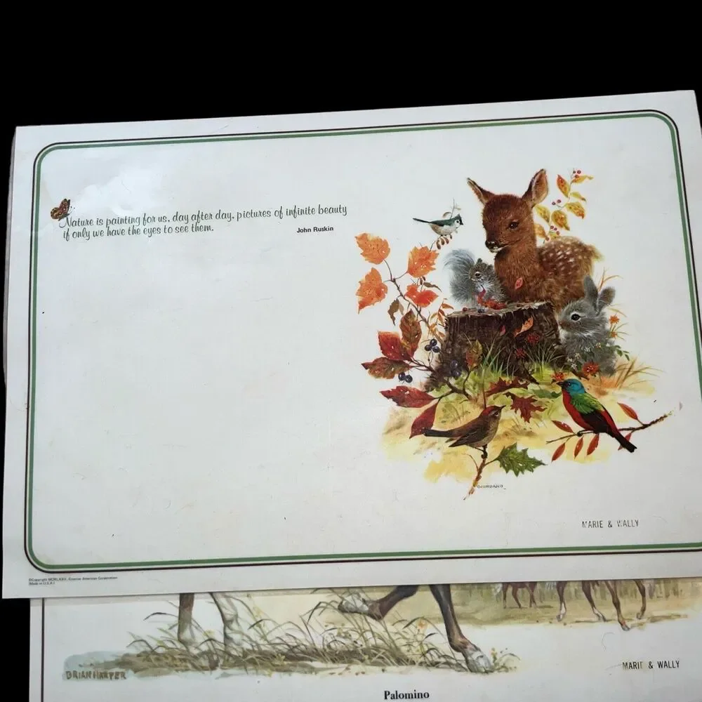 AmericaMark Vtg 70s Placemats Set of 3 Wildlife/Flowers/Palomino Horse Laminated